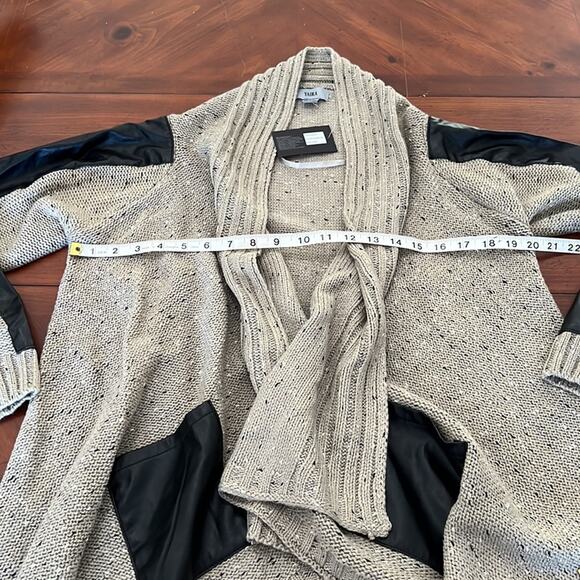Yaira Taupe Flecked Cardigan Sweater with Black Faux Leather Accents Size Large - Picture 9 of 11